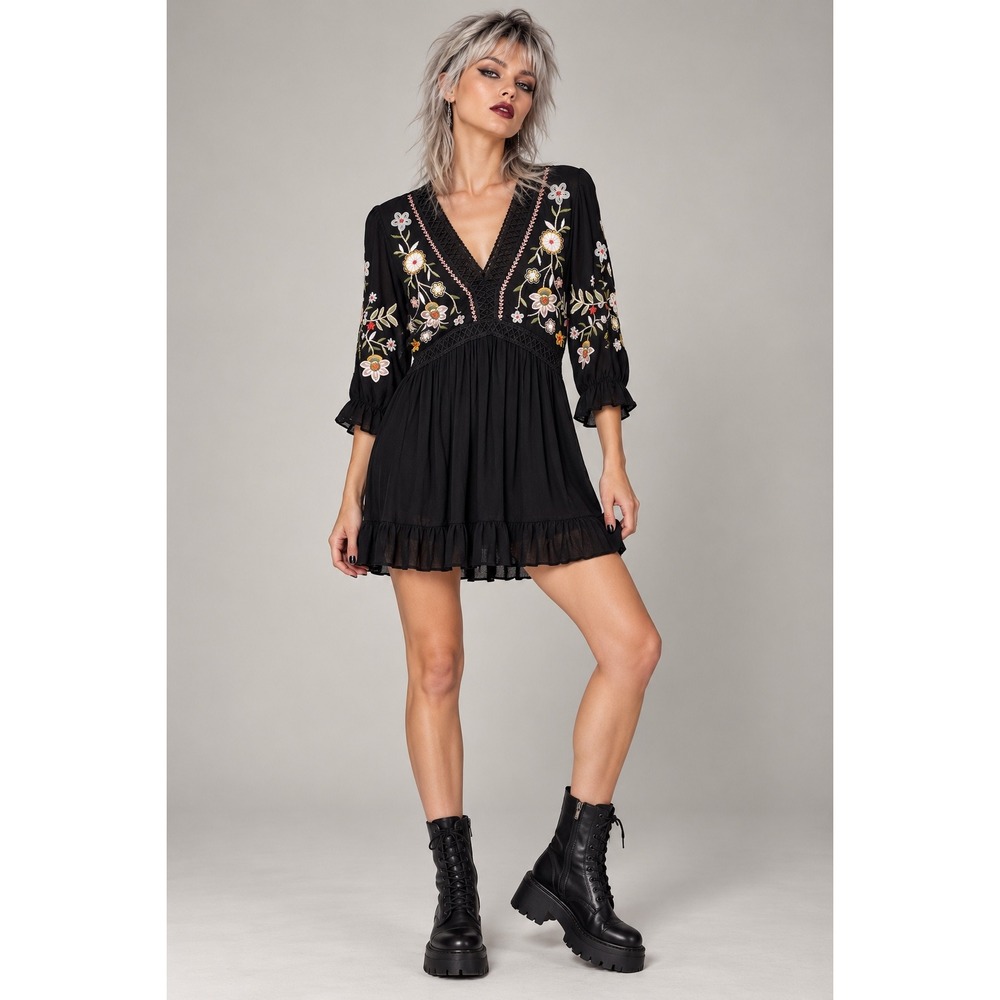 Audrey Parks x Francesca's S Black Embroidered Mini Dress Floral Boho